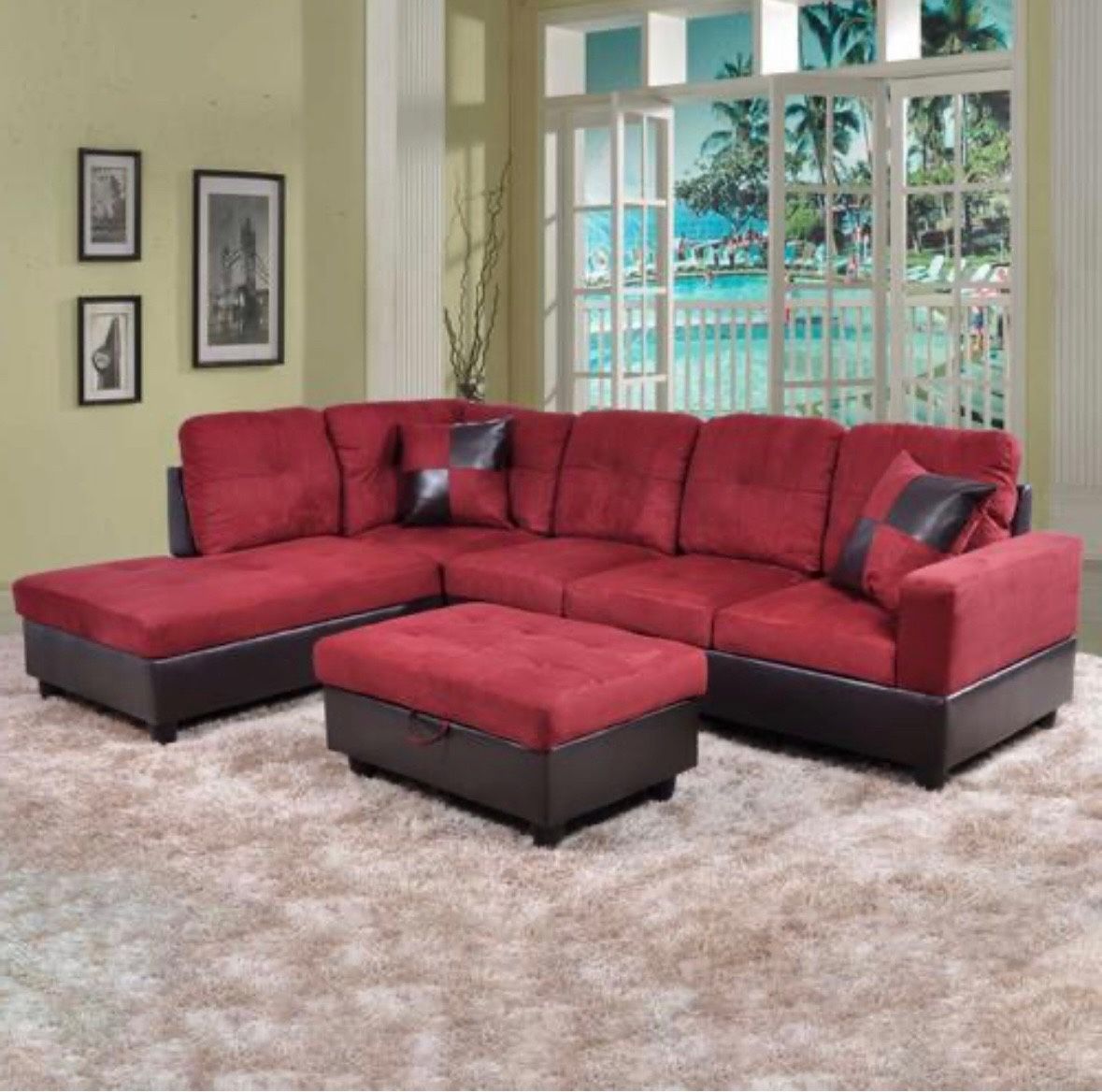 Brand New Red Microfiber Sectional Sofa With Storage Ottoman 