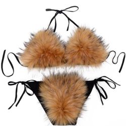 Furry Faux Fur Bikini Sets Two Piece Halter String Triangle Swimsuits Bathing Suit