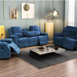 3-piece Reclining Living room Set On Blue Fabric 