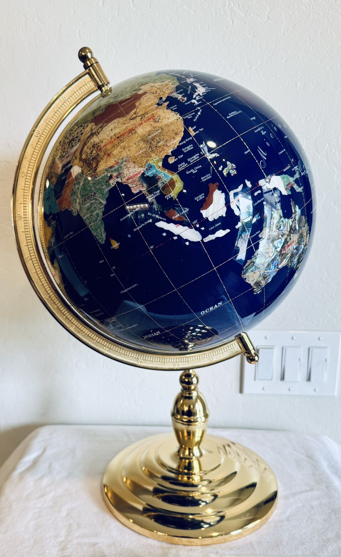 Globe Gemstone World Map Blue Lapis on Brass Stand H 21"