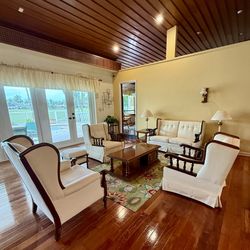 8 Piece Living Room Set – Sofa, 3 Arm Chairs, Foot Stool, Coffee Table & Side Tables