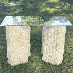 Vintage Magnussen Ponte Postmodern Tessellated Travertine Mactan Column Pedestal Stone And Glass Table Entryway Foyer Console