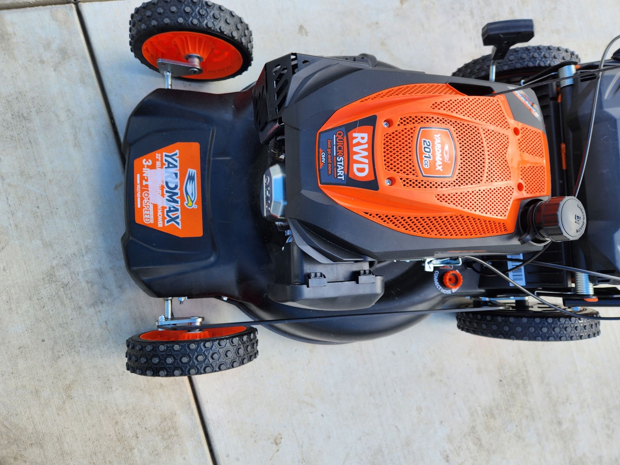 Best Seller YARDMAX 22 in. 201 cc SELECT PACE 6 Speed CVT High Wheel RWD 3 in 1 Gas Walk Behind Self Propelled Lawn Mower