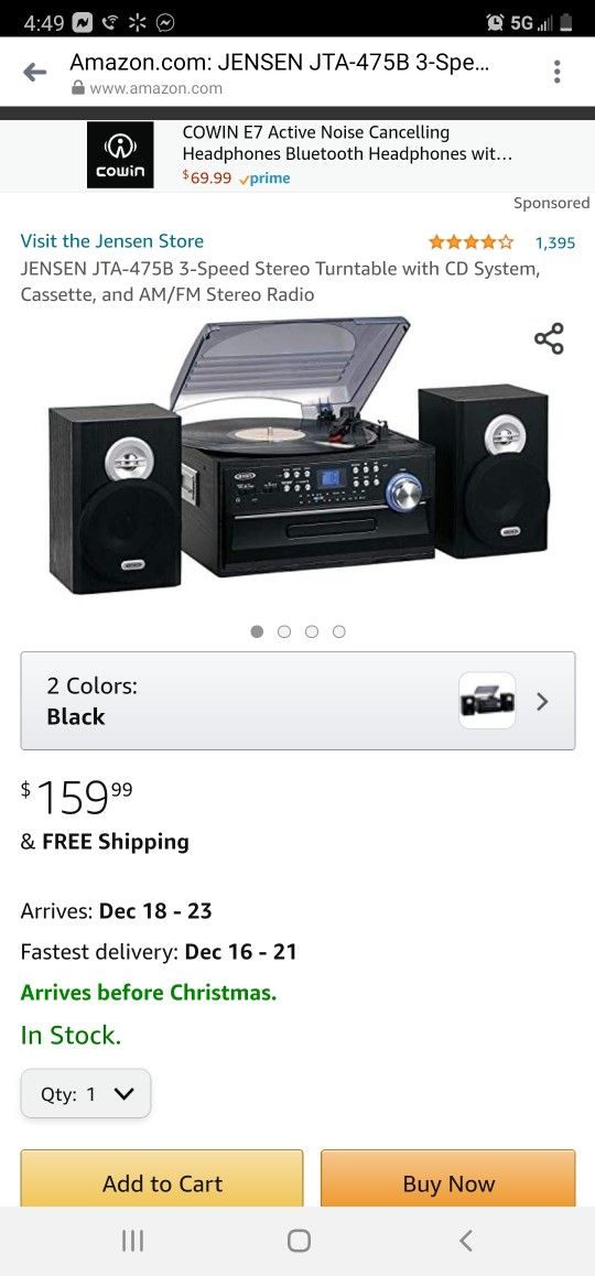 JENSEN JTA-475B 3-Speed Stereo Turntable with CD System, Cassette, and AM/FM Stereo Radio
