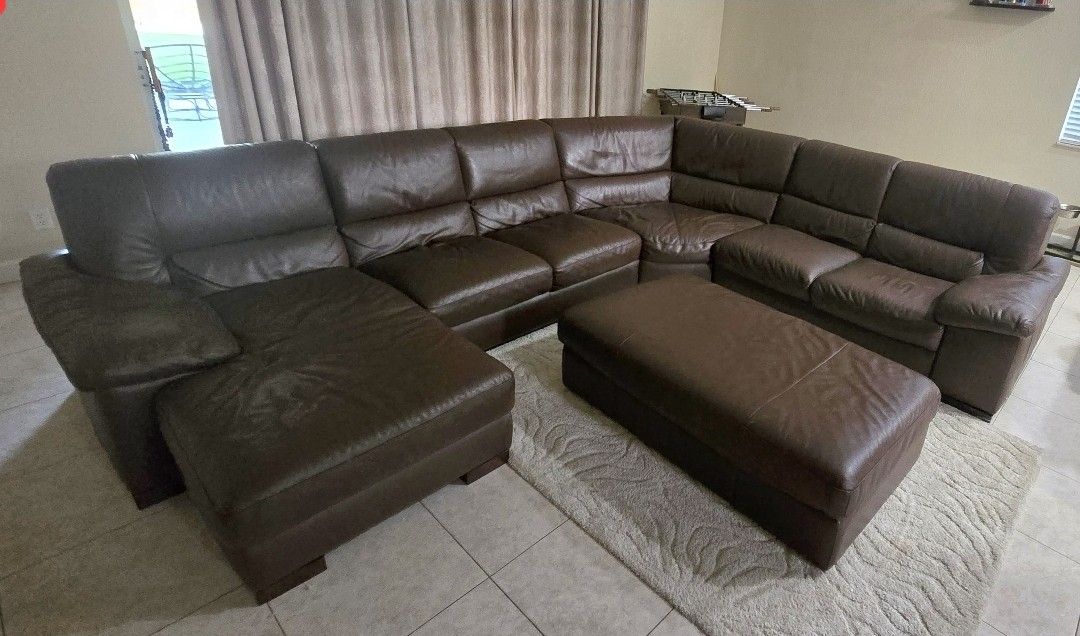 Five Piece Italian Brown Leather Sectional Couch