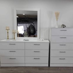 WHITE DRESSER WITH MIRROR AND CHEST - CÓMODA CON ESPEJO Y GAVETERO COLOR BLANCO 