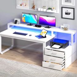 White Computer Desk with LED Lights and Drawers
