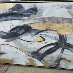 Large Modern Abstract Wall Art 58.5x47 – Gold/Black/Gray Framed