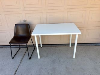 Set of White wooden computer desk for bed room and Leatherette Chair with Comfortable Mid-Backrest - Dark Brown