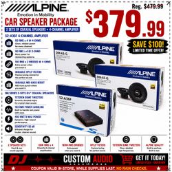 Alpine S Series S2-A36F 4 Channel Amplifier DM Series Car Speakers 2-Sets 6.5" 2-Way Coaxial Speaker System 400 Watts DM-65-G Package 🚨 Payment Optio
