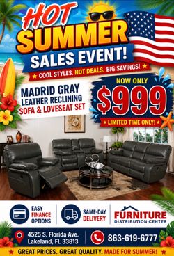 Limited time sale. Madrid, gray leather reclining sofa and loveseat set only $999. Easy finance option. Same-day delivery.