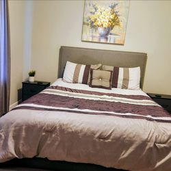 Queen size bed frame, mattress, & box spring