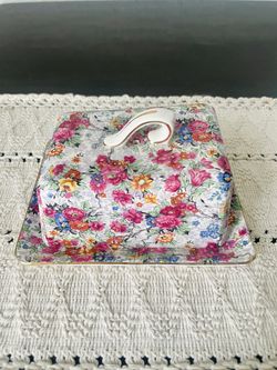 Vintage 1950 Wedge Cheese Dish With Lid By Lord Nelson Pottery Stoke on Trent England in a Chintz Marina Pattern Butter Dish|Cheese Server