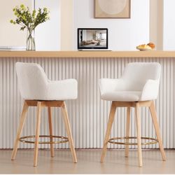 26 Inch Boucle Counter Stools Set of 2, Modern Counter Height Swivel Bar Stools with Backs and Arms, Sherpa Fabric Upholstered Wooden Barstools Boho K