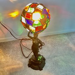 Antique German Art Deco Figural Table Lamp Chunk Mosaic Glass Globe Shade WORKING