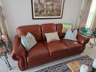 Brown Leather 3-Seat Sofa with Nailhead Trim