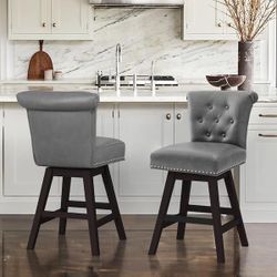 Dark Grey Faux Leather Swivel Barstool Solid Wood Counter Stool with Nail Head Trim Tufted Backrest (Set of 2)