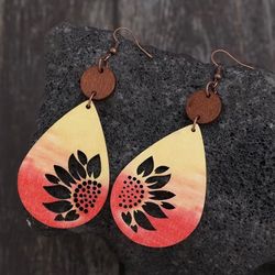 🌺 New! Orange Yellow Wooden Gradient Cut-Out Sunflower Flower Teardrop Wood Earrings w Gift Bag