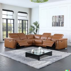 LEONARDO SECTIONAL LEATHER LIVING ROOM SET - CARAMEL