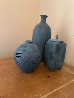 3 Blue Grey Ceramic Vases Jars Decor Cutouts