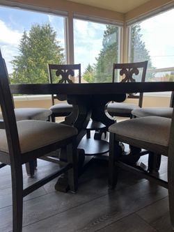 8-Piece Set, Stone Round Dining Table with 6 Chairs in Brown & Matching Stone Console