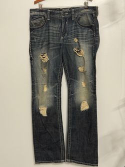 Y2K Affliction Black Premium Blake Jeans Men 34 Long Buckle Distressed Straight