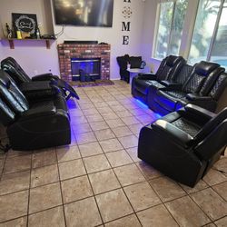 Brand New 3 Pcs Sofe Power Recliner Faux Leather Black Wireless Charge & LED LIGHT $1899