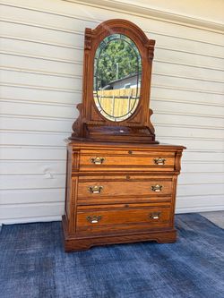 DIXIE FURNITURE Recollections Rustic Country French Solid Oak Chest with Oval Table Mirror