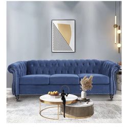 LEVNARY Three-Seat Velvet Sofa, Large Sofa Classic Tufted Chesterfield Settee Modern 3 Seater Couch Furniture Tufted Back for Living Room, Blue 