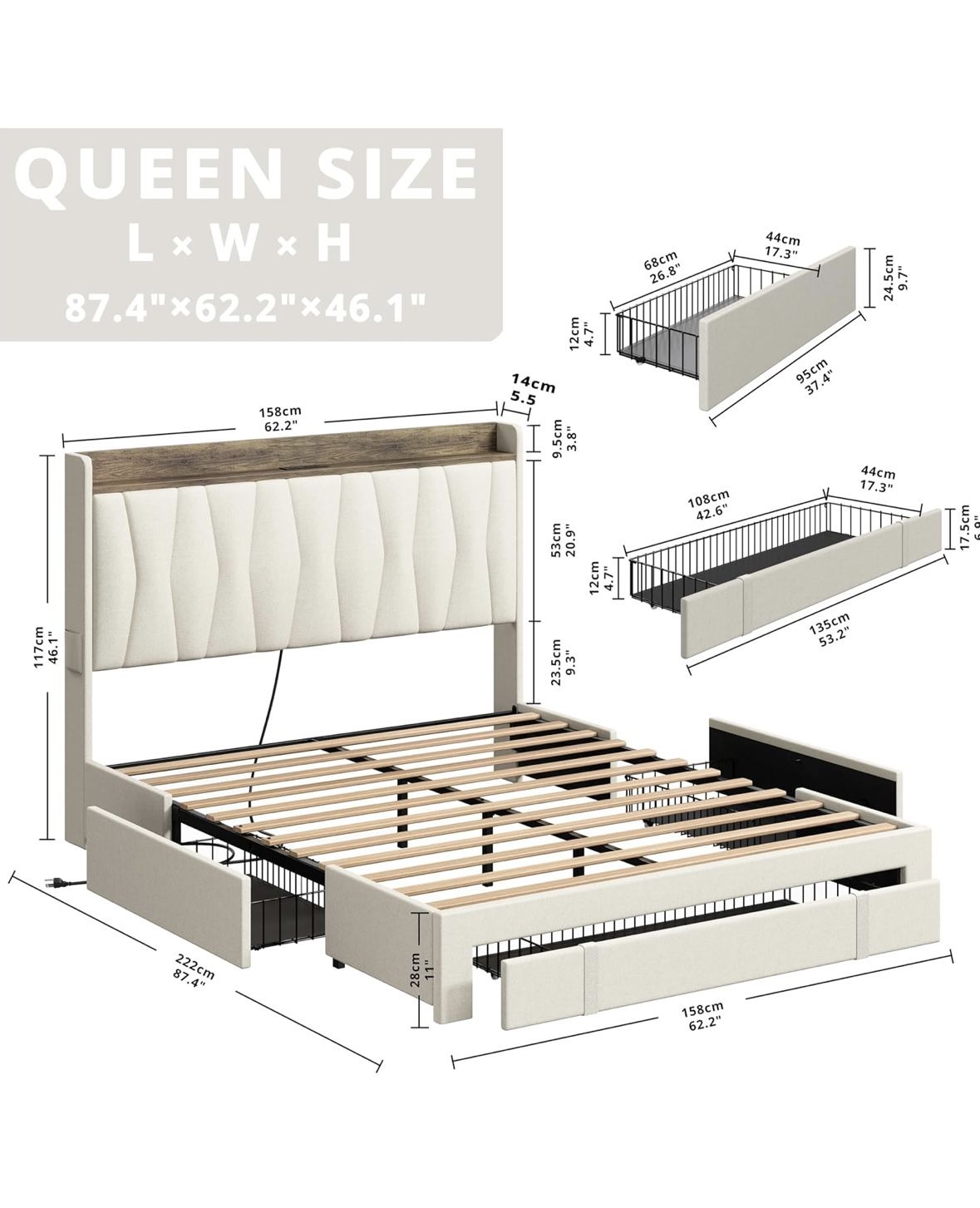 Upholstered beige bed frame