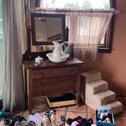 Antique Oak Washstand 3 Drawers Comes With Pitcher And Bowl