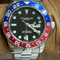 Stuhrling 3965 GMT Meridian 2 Pepsi Bezel Black Dial RARE! Men’s Watch