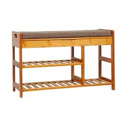 Shoe Bench Bamboo, 3 Tier Shoe Organizer with Cushion