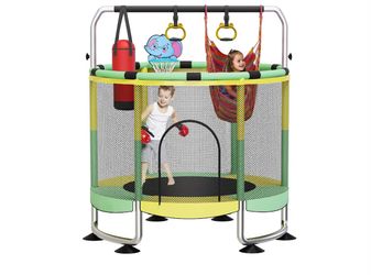 60" Toddler Trampoline for Kids with Net, 6-in-1 Indoor/Outdoor Trampoline Anti-Tilt Frame & Thick Padded Spring Cover,Easy Assembly,