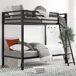 Black Twin Over Twin Metal Bunk Bed for Juniors, Industrial Frame with Inclined Stairs & Full-Length Guardrail