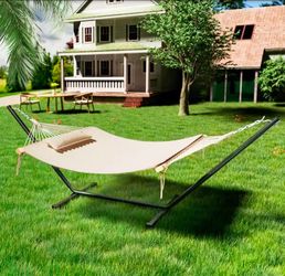 12 ft. Quilted 2-Person Hammock Bed with Stand and Detachable Pillow, Beige