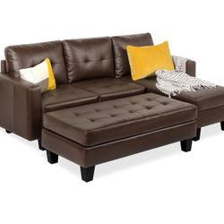 Tufted Faux Leather 3-Seat L-Shape Sectional Sofa Set w/Chaise Lounge & Ottoman Coffee Table – Brown