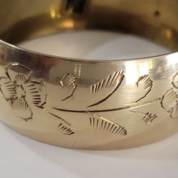 Elegant Brass Bracelet/Bangle Etched Flowers  Size 2.75"X 1" Made In India