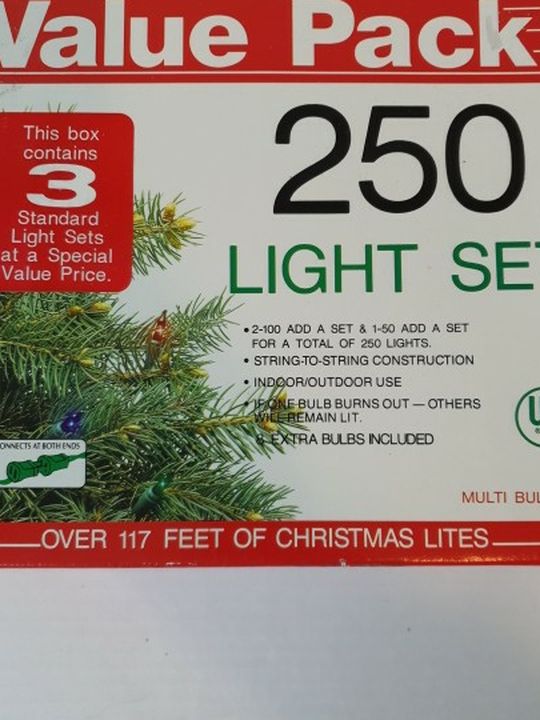 Value Pack 250 light set , over 117 feet of Christmas lites ,Multi Bulbs ,for indoor or outdoor use 115/125 AC , NEW .. Condition is "New". * 2-100 Ad