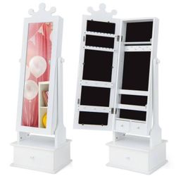 Kid Freestanding White Wood 13.5 in. Jewelry Armoire 2 in. 1-Full Length Mirror Storage Drawer