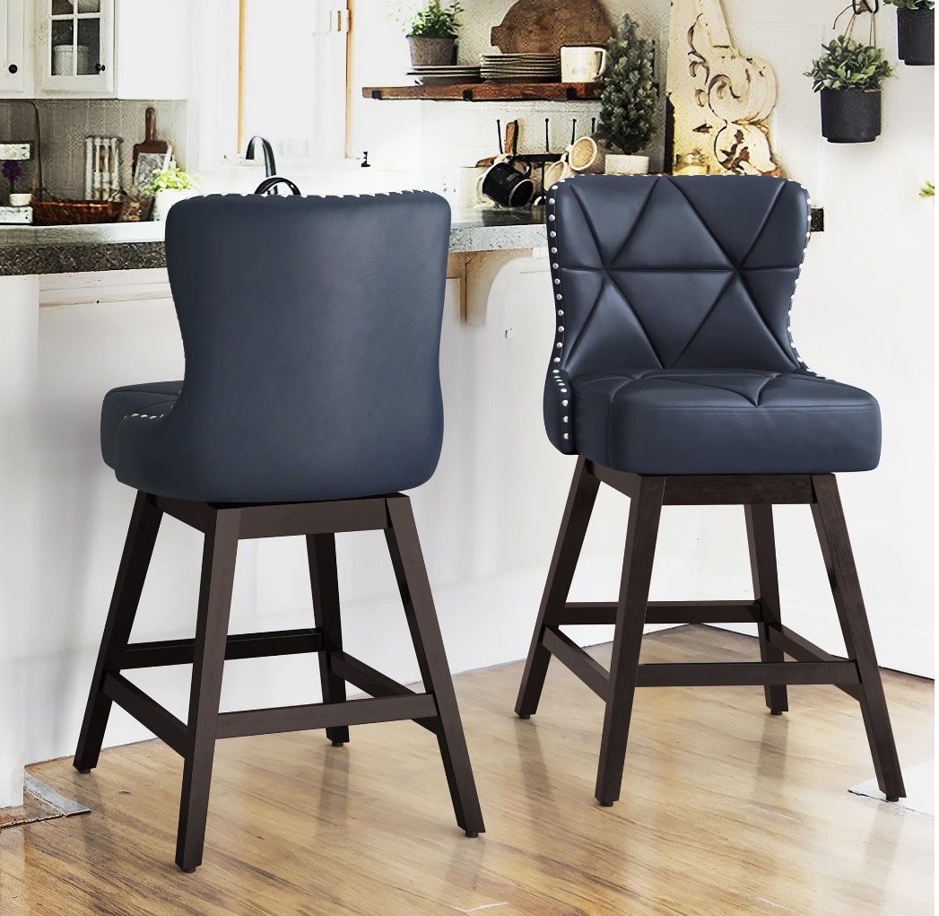 2X Navy Blue 26” Swivel Faux Leather Barstools