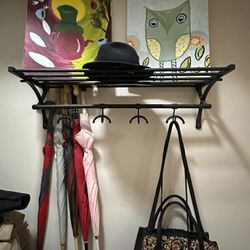 Coat And Hat Rack Black Metal With Large Shelf Entry Hall Mud Room Garage 