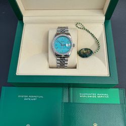 Rolex Date 34mm Tiffany blue turquoise dial diamond bezel stainless steel jubilee bracelet watch
