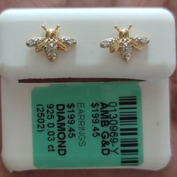 925 Yellow Sterling Sliver Honey Bee Stud Earrings with Diamond