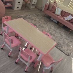 6 Seat Pink Kids Table With 6 Chairs 