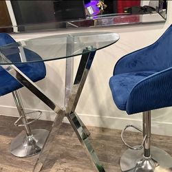 High Dining Glass Table with Two Barstool Chairs