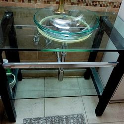 Bathroom Vanity with Glass Sink - Glass Top and Glass Bottom - Wooded Frames