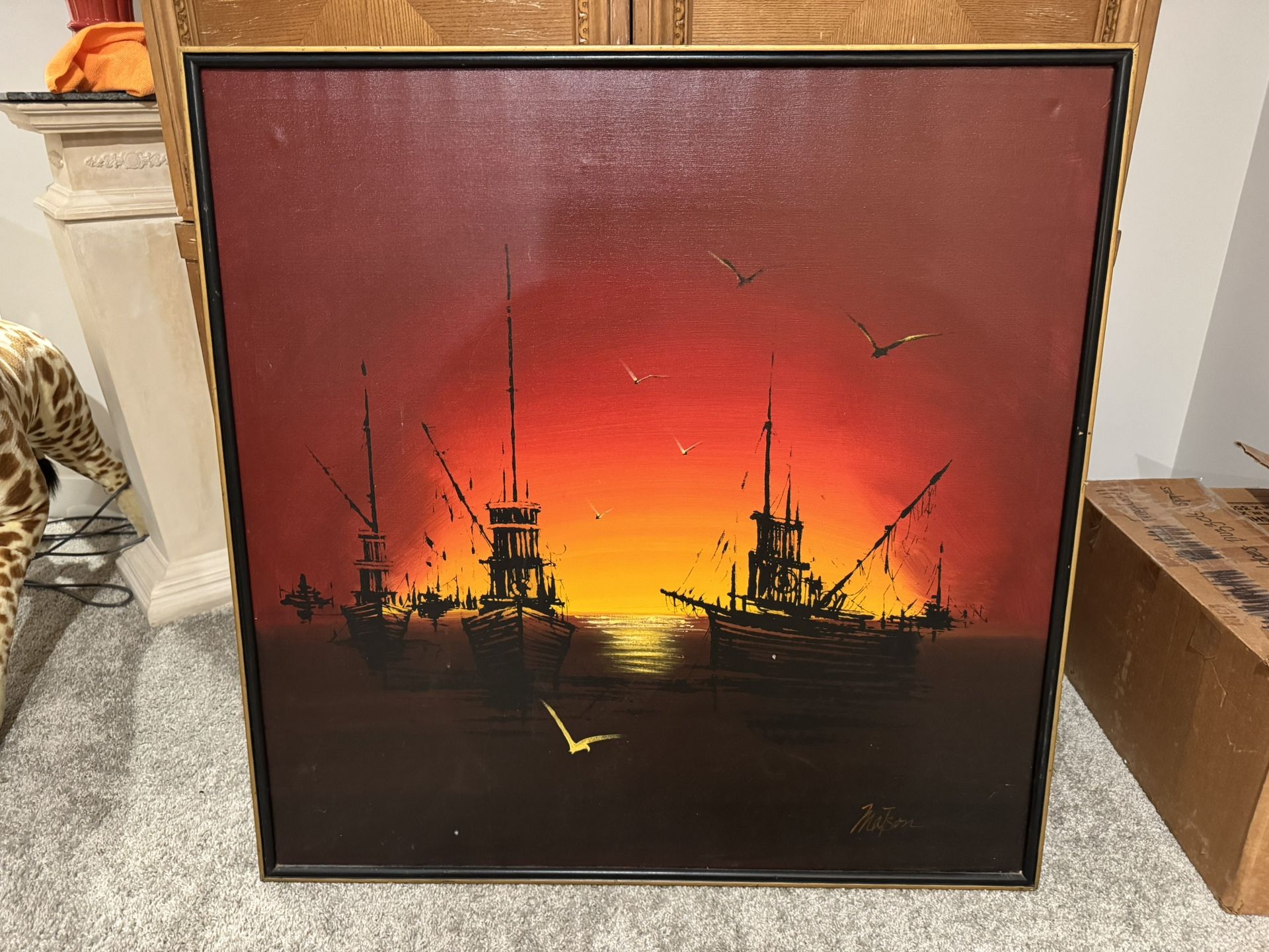 Vintage Sunset Ship Painting – 40x40 Framed Art