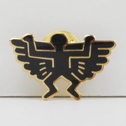 90s Keith Haring Trademark Black Enameled Gold Plated Angel Pin, Heaven & Hell Series