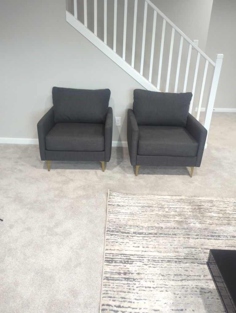 2 New Grey Accent Chairs With Gold Legs